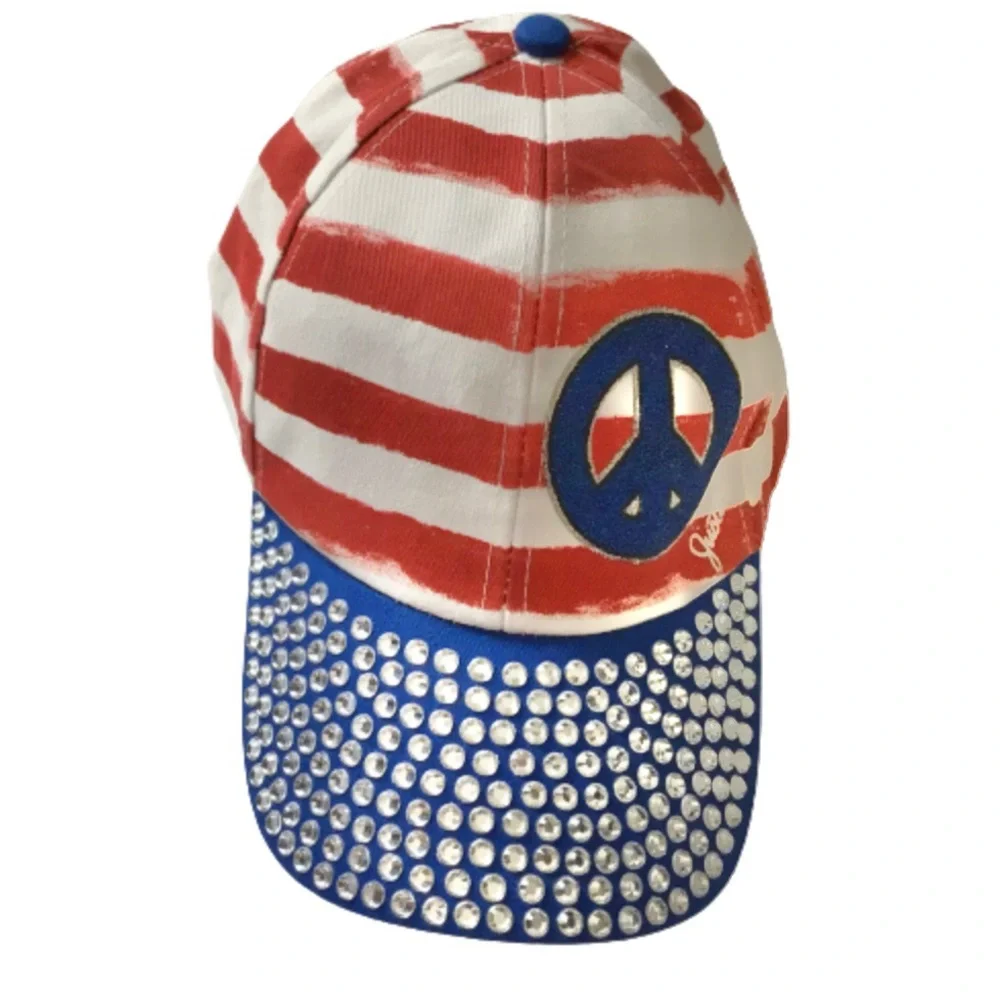 Justice Patriotic Blinged Peace Hat Red White Blue Silver OS